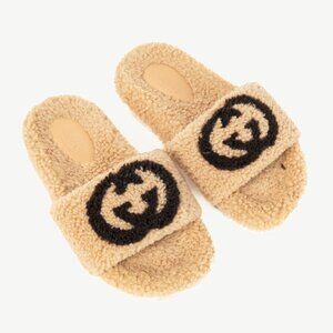 Gucci Beige Merino-Wool Faux-Shearling Interlocking-GG Slide Sandals